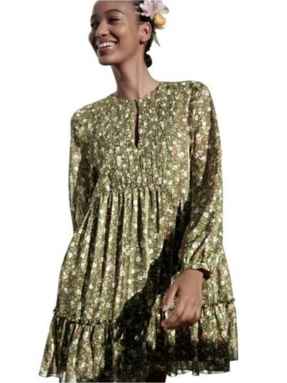 ZARA Green Floral Babydoll Long-Sleeve Keyhole Flowy A-Line Mini Smock Dress M